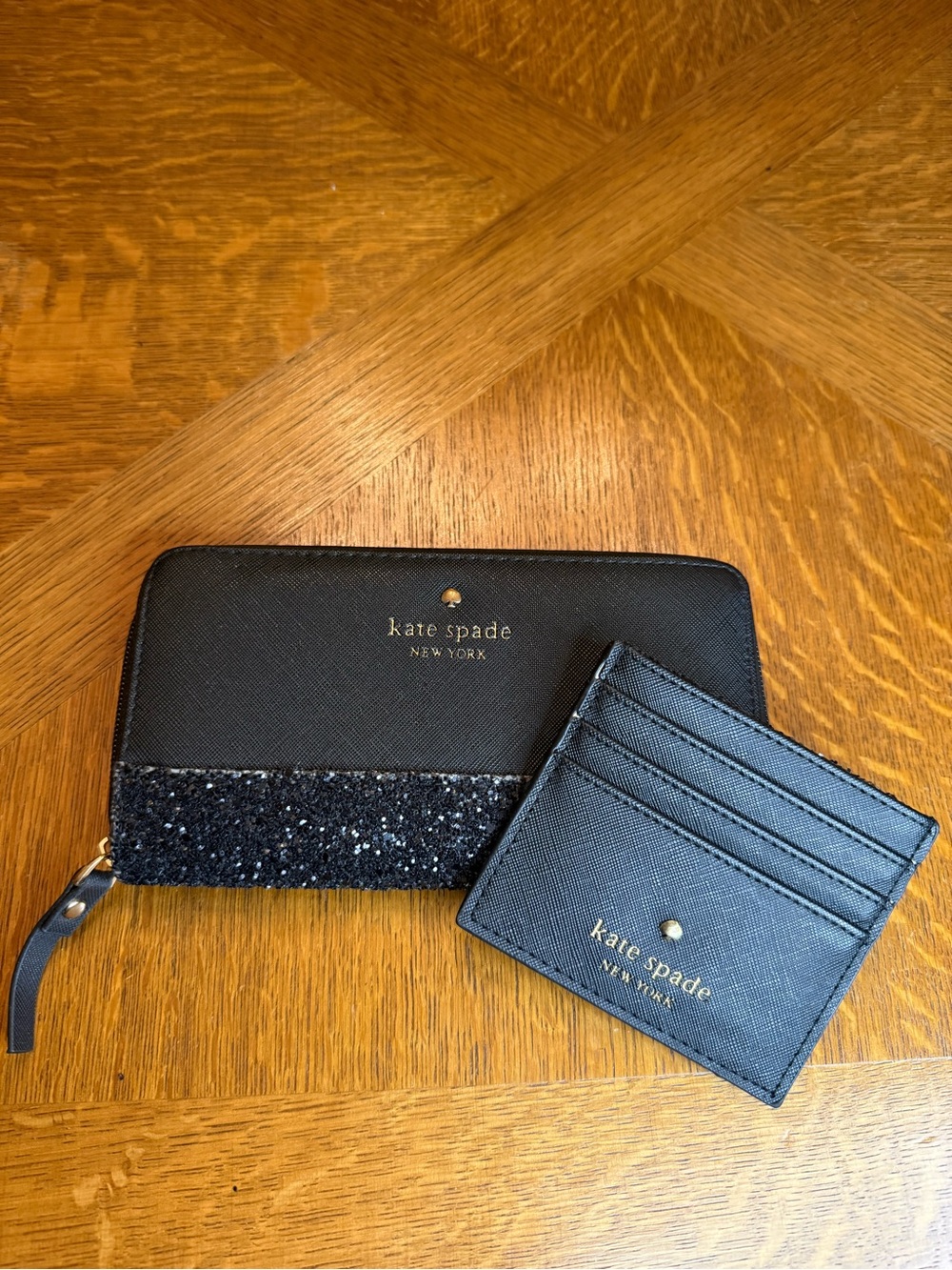 kate spade black glitter zip wallet and matching card holder set